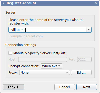 Step 4. Registering an account on Jabber/XMPP server